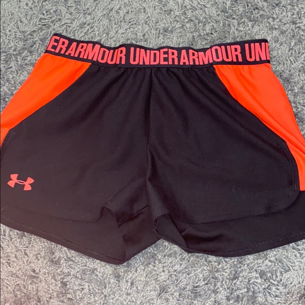 Black under armour shorts with neon pink/orange